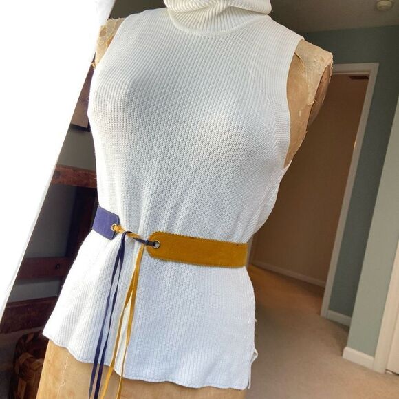 Vintage 70s Country Set Yellow and Navy Hippie Fringe Belt - One Size - Picture 10 of 10